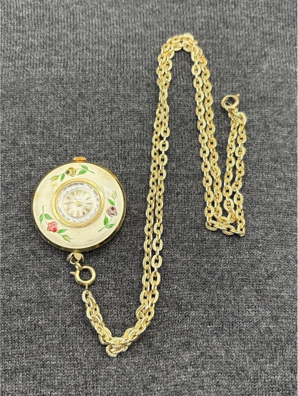 Vintage Impala Swiss Made Hand Painted Pendant Watch Necklace Gold Tone Floral